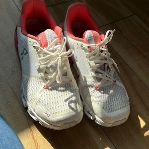 White and pink on cloud shoes